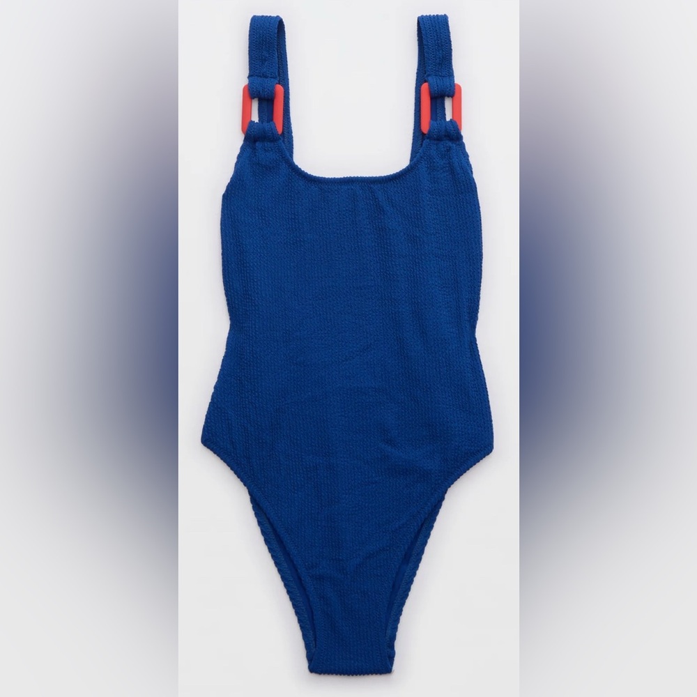 NWT Aerie Crinkle Birthday Scoop Cheekiest One Piece Swimsuit in Blue + Red - XS